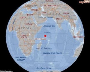 The red dot shows the location of the Seychelles. The landmass at the bottom right of the image is Australia.