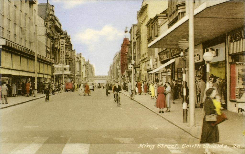 TWCMS : 2009.2375. Postcard from the collections at South Shields Museum and Art Gallery. View of King's Street from the Market/Old Town Hall end.