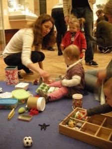 Sorting objects into display cases.