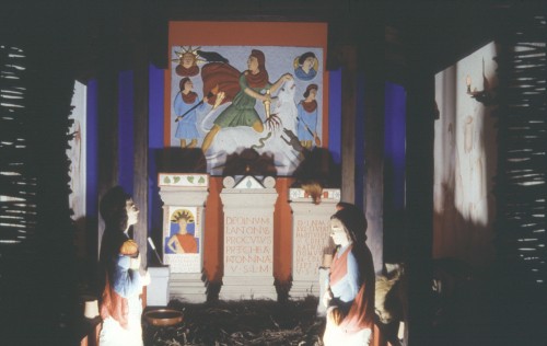 Reconstruction of the Mithraeum at Carrawburgh on Hadrian's Wall.