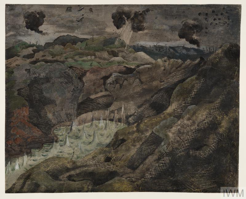 The Landscape, Hill 60 (Art.IWM ART 1155) Image: a battle scarred landscape with a small lake surrounded by hills. The water has been disturbed by multiple hits and smoke rises from explosions. A few biplanes are engaged in a dogfight in the sky above. Copyright: © IWM. Original Source: http://www.iwm.org.uk/collections/item/object/20080